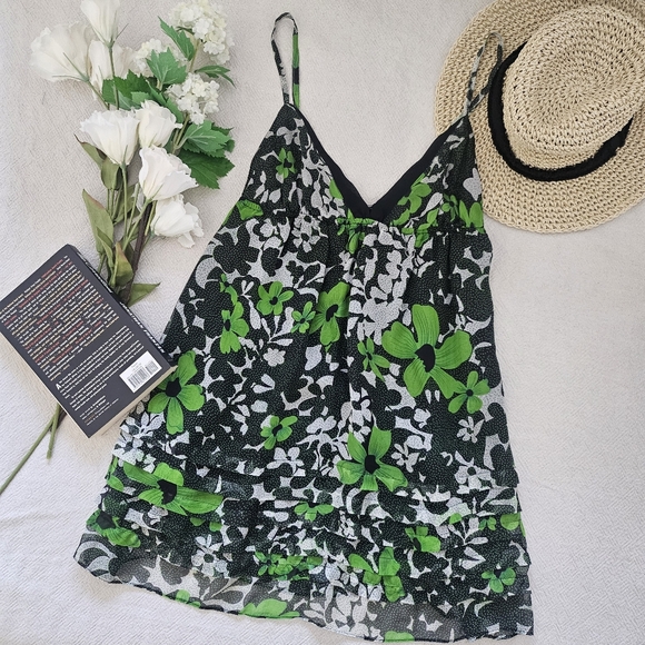 Solemio Dresses & Skirts - Solemio Green Floral Polka Dot Tiered Ruffle Cami Top Dress M
